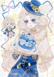  1boy 1girl absurdres artist_request belt birthday blue_eyes blue_hat blue_ribbon blue_shirt blue_shorts blueberry blush cake capelet chibi chibi_inset chinese_commentary commentary_request commission cowboy_shot curtained_hair double_bun fang food frilled_shirt_collar frills fruit hair_bun happy_birthday hat hat_feather heart highres holding holding_cake holding_fireworks holding_food identity_v lily_barriere lily_barriere_(oph.lily) long_sleeves luca_balsa luca_balsa_(oph.luca) mark_under_both_eyes mini_hat open_mouth ribbon second-party_source shirt shorts smile solo_focus star_(symbol) strap white_capelet white_hair 