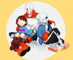  1other 2021 2boys 2d ambiguous_gender ankle_boots armor black_shorts blue_jacket blue_shirt blue_shorts boots border brothers brown_boots brown_hair cape child digital_media double_horizontal_stripe fist_bump frisk_(undertale) full_body gloves grey_hood height_difference hollow_eyes hood hood_down hooded_jacket horizontal-striped_clothes human humanoid jacket male monster monster_boy multiple_boys open_clothes open_jacket orange_background orange_border outside_border papyrus_(undertale) pink_slippers pink_stripes red_boots red_cape red_gloves round_border sakito_(mg_1016) sans_(undertale) shirt short_hair shorts siblings simple_background single_vertical_stripe sitting skeleton slippers socks striped_clothes striped_shirt striped_shorts teeth trio two-tone_background two-tone_shirt undead undertale utdr_(toby_fox) vertical-striped_clothes vertical-striped_shorts white_armor white_background white_shirt white_socks white_stripes 