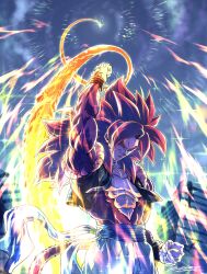  1boy blue_sash body_fur boyerjorys dragon_ball dragon_ball_gt dragon_ball_z_dokkan_battle dragon_fist_(dragon_ball) gogeta highres long_hair male_focus metamoran_vest monkey_boy monkey_tail muscular muscular_male pants pectorals red_fur red_hair saiyan sash solo spiky_hair super_saiyan super_saiyan_4 tail vest white_pants 