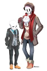  2019 2boys 2d alternate_costume animal animal_in_clothes annoying_dog aqua_shirt artist_name beanie black_pants black_tie bone boots brown_gloves brown_hat collared_shirt digital_media dog full_body fur-trimmed_boots fur_trim gloves grey_coat grey_pants grey_vest half-closed_eye hand_in_pocket hat hood hooded_jacket humanoid male male_focus male_only monster monster_boy multiple_boys necktie one_eye_closed open_clothes open_coat orange_boots orange_shoes pants papyrus_(undertale) partially_unbuttoned red_scarf sans_(undertale) scarf shirt simple_background skeleton sneakers standing sweater teeth trio undead undertale utdr_(toby_fox) vest white_background white_dog yellow_sweater zwagyzonk 