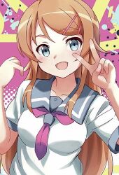  1girl :d blonde_hair blue_eyes blush breasts collarbone commentary_request hair_ornament hairclip kousaka_kirino kousaka_kirino's_school_uniform long_hair medium_breasts neckerchief notus_23 open_mouth orange_hair ore_no_imouto_ga_konna_ni_kawaii_wake_ga_nai pink_neckerchief school_uniform smile solo summer_uniform tongue upper_body v 
