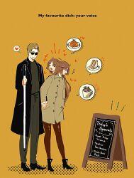  1boy 1girl ahoge ben-day_dots black_boots black_coat black_shoes blind blush boots brown_hair brown_pantyhose cane coat commentary dress_pants english_commentary english_text excited full_body hand_in_pocket heart hetero high_heel_boots high_heels highres holding holding_cane holding_hands long_hair looking_at_another orange_background original pantyhose screentones shoes sign simple_background smile speech_bubble spoken_food talking tamayula_hl thought_bubble turning_head 