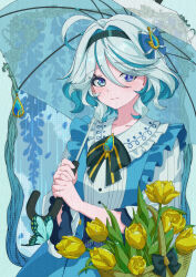  1girl absurdres ahoge alternate_costume black_bow blue_bow blue_butterfly blue_dress blue_eyes blue_gemstone blue_pupils blue_umbrella bow bug butterfly chinese_commentary closed_mouth commentary_request dress drop-shaped_pupils flower furina_(genshin_impact) gem genshin_impact hair_between_eyes hair_bow hands_up heterochromia highres holding holding_umbrella light_smile looking_at_viewer medium_hair ruogong_qingyue solo symbol-shaped_pupils teardrop-shaped_gem umbrella white_hair yellow_flower 