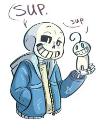  2015 2boys 2d blue_eyes blue_jacket commentary creature creature_on_hand cropped_torso crossover cryaotic digital_media duo english_commentary grey_hood hollow_eyes hood hood_down hooded_jacket humanoid jacket male male_focus male_only monster monster_boy multiple_boys open_clothes open_jacket sans_(undertale) shirt simple_background skeleton teeth text toono undead undertale utdr_(toby_fox) white_background white_shirt zipper 