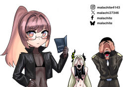  1boy 2girls absurdres asymmetrical_horns bahamut_(nikke) bahamut_(nikke)_(cosplay) bikini bikini_top_only bluesky_username bodystocking book bridal_gauntlets brown_hair commander_(nikke) commentary cosplay covered_navel english_commentary eyeshadow facebook_username glasses goddess_of_victory:_nikke grey_hair hand_on_own_hip hands_on_own_head hands_up high_ponytail highres holding holding_book horns instagram_username jacket leviathan_(nikke) liquid_clothes long_hair looking_at_viewer makeup malachite_27346 military_jacket military_uniform multiple_girls navel only_one_(nikke) open_mouth ponytail red_eyes semi-rimless_eyewear simple_background star-shaped_pupils star_(symbol) swimsuit symbol-shaped_pupils turtleneck twitter_username upper_body upside-down_book very_long_hair white_background 