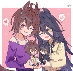  2girls agnes_tachyon_(umamusume) ahoge animal_ears belt black_belt black_hair black_ribbon bra_strap brown_hair character_doll closed_mouth commentary_request doll ears_down embarrassed frilled_shirt frills hair_between_eyes heart highres holding holding_doll horse_ears horse_girl horse_tail jewelry kuro_sato long_bangs long_hair long_hair_between_eyes long_sleeves looking_at_viewer manhattan_cafe_(umamusume) multicolored_hair multiple_girls neck_ribbon necklace off-shoulder_shirt off_shoulder one_eye_closed open_mouth purple_shirt ribbon shirt short_hair smile spoken_blush spoken_heart tail tongue tongue_out umamusume very_long_hair white_hair yellow_shirt yuri 