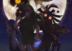  aura black_sclera blonde_hair blue_eyes brother_and_sister colored_sclera corruption dark_persona deku_mask fairy fairy_wings glowing glowing_eyes green_eyes happy_mask_salesman hat holding holding_mask instrument kafei keaton_mask link looking_at_another looking_back looking_to_the_side majora_(entity) mask moon_(zelda) multicolored_eyes night ocarina otton pointy_ears possessed purple_hair red_sclera short_hair siblings skull_kid smile tatl the_legend_of_zelda the_legend_of_zelda:_majora's_mask tunic wings yellow_eyes yellow_sclera 