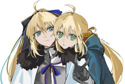  2girls aesc_(fate) aesc_(savior)_(fate) ahoge armor artoria_caster_(fate) artoria_caster_(second_ascension)_(fate) artoria_pendragon_(fate) black_fur black_gloves blonde_hair blue_cape blue_cloak blue_eyes bow breastplate cape capelet cloak commentary english_commentary fate/grand_order fate_(series) fur-trimmed_cloak fur_trim gloves green_eyes hair_bow head_on_another's_shoulder hood hooded_cape hooded_capelet long_hair looking_at_another looking_at_viewer multiple_girls ponytail sidelocks spiked_armor spikes ss_un17 twintails v white_background white_cape white_cloak 