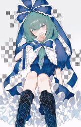  1girl absurdres alt_text alternate_color aqua_eyes aqua_hair black_boots blue_bow blue_dress blue_ribbon boots bow commentary_request covering_own_mouth dress frilled_dress frills highres kagiyama_hina kaminose_(user_veum4325) knee_boots lace-up_boots looking_at_viewer puffy_short_sleeves puffy_sleeves ribbon short_sleeves sitting solo touhou 