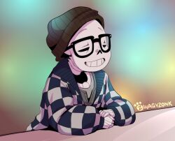  1boy 2019 2d artist_name beanie bespectacled black-framed_eyewear black_hat closed_eyes digital_media glasses gradient_background hat humanoid male male_focus male_only monster monster_boy multicolor_background own_hands_together sans_(undertale) simple_background skeleton solo teeth undead undertale utdr_(toby_fox) zwagyzonk 