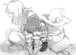  1boy 1girl 1other 2018 2d ambiguous_gender animal_ears anthro armlet armor armored_boots barefoot bodysuit boots digital_media droopy_ears fangs female floppy_ears furry furry_male gauntlets glasses goat goat_boy goat_ears hair_over_eyes highres horns human jacket knees_up kris_(dark_world)_(deltarune) kris_(deltarune) lizard lizard_girl long_hair male monochrome monster monster_girl ralsei reptile reptile_girl robe round_eyewear scalie scarf seki_(vcyr2733) short_hair simple_background sitting sketch sleeveless sleeveless_jacket spiked_armlet susie_(dark_world)_(deltarune) susie_(deltarune) trio undertale utdr_(toby_fox) white_background 