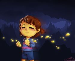  1other 2016 2d ambiguous_gender artist_name black_boots black_pantyhose blue_shorts blue_sweater boots brown_hair c-puff child digital_media double_horizontal_stripe frisk_(undertale) horizontal-striped_clothes human other_focus pantyhose pink_stripes short_hair shorts signature solo striped_clothes striped_sweater sweater two-tone_sweater undertale utdr_(toby_fox) variant_set 