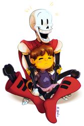  1boy 1other 2017 2d ambiguous_gender arm_grab armor artist_name behind_another black_boots black_pantyhose blue_shorts boots brown_hair c-puff cape child digital_media duo frisk_(undertale) heart_print horizontal-striped_clothes human humanoid male monster monster_boy pantyhose papyrus_(undertale) pink_shorts pink_stripes purple_sweater red_boots red_cape short_hair shorts signature simple_background sitting skeleton striped_clothes striped_sweater sweater teeth transparent_background two-tone_sweater undead undertale utdr_(toby_fox) white_armor 