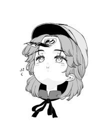  1girl :i blush closed_mouth commentary_request greyscale hat head_only highres jiangshi miyako_yoshika monochrome neck_ribbon newsboy_cap ofuda puffy_cheeks ribbon shika_miso short_hair simple_background solo touhou 
