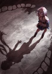  1girl ankle_boots black_boots black_overskirt blue_boots blue_eyes blue_jacket blue_skirt boots bra_strap breasts buttons cellphone check_commentary collarbone commentary_request different_shadow evernight_(honkai:_star_rail) flower_ornament from_above full_body gradient_clothes gradient_jacket highres holding holding_phone honkai:_star_rail honkai_(series) jacket long_sleeves looking_up march_7th_(honkai:_star_rail) march_7th_(preservation)_(honkai:_star_rail) medium_breasts medium_hair miniskirt mitara_abunai2 multicolored_boots multicolored_eyes multicolored_jacket off-shoulder_jacket off_shoulder overskirt phone pink_eyes pink_hair pink_jacket pink_pupils pleated_skirt shirt skirt smartphone standing two-tone_boots two-tone_eyes two-tone_jacket white_shirt 