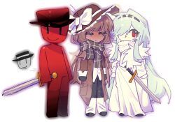  1boy 2girls black_hairband black_pants blue_hair brown_hair closed_eyes closed_mouth commentary deformed dress english_commentary eunoia_(frozen_soul) frozen_soul hair_over_one_eye hairband hong_tanght leg_warmers long_hair mafioso_(frozen_soul) multiple_girls nashatra_bealdhild pants plaid_clothes plaid_scarf red_eyes roblox scarf sidelocks simple_background striped_clothes striped_scarf sword very_long_hair weapon white_background white_dress white_leg_warmers white_scarf 