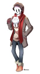  1boy 2019 2d alternate_costume animal animal_in_clothes annoying_dog artist_name beanie bone boots brown_gloves brown_hat digital_media dog duo full_body fur-trimmed_boots fur_trim gloves grey_pants hand_in_pocket hat humanoid male male_focus male_only monster monster_boy orange_boots pants papyrus_(undertale) red_scarf scarf simple_background skeleton standing sweater teeth undead undertale utdr_(toby_fox) white_background white_dog yellow_sweater zwagyzonk 
