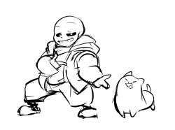  1boy 2018 2d animal annoying_dog black_shorts blue_jacket dancing digital_media dog duo full_body grey_hood hollow_eyes hood hood_down hooded_jacket humanoid jacket male male_focus male_only monochrome monster monster_boy open_clothes open_jacket pink_slippers sans_(undertale) shirt shorts simple_background single_vertical_stripe skeleton sketch slippers socks striped_shorts teeth undead undertale utdr_(toby_fox) vertical-striped_clothes vertical-striped_shorts white_background white_shirt white_socks white_stripes zwagyzonk 