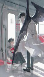  2boys arms_behind_back bandage_on_face bandages black_hair black_wings book book_stack coat dual_persona exhausted feathered_wings highres hugging_object kim_dokja knees_up looking_at_another male_focus multiple_boys oldest_dream omniscient_reader's_viewpoint open_clothes open_coat paper popped_collar short_hair sitting train_interior twle white_coat window_light wings 
