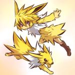  1girl blonde_hair blush_stickers boots costume hitec jolteon knee_boots moemon personification pokemon pokemon_(creature) pokemon_(game) pokemon_rgby purple_eyes smile spiked_hair 