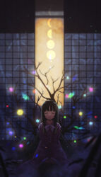  1girl absurdres bamboo bamboo_print black_hair bow bowtie branch closed_eyes closed_mouth dress dress_bow furahata_gen highres hime_cut houraisan_kaguya jeweled_branch_of_hourai long_hair long_sleeves moon own_hands_together purple_dress sitting smile solo touhou white_bow white_bowtie wide_sleeves window 