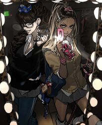  2girls bangs_pinned_back black_hair blonde_hair camera_flash cellphone dark-skinned_female dark_skin fingernails flip_phone ganguro glasses grin gyaru hair_ornament hairclip highres holding holding_sword holding_weapon katana long_fingernails long_hair ma0ma0_0 mirror multicolored_hair multiple_girls nogi_momoka original pants pants_under_skirt phone playing_with_own_hair roots_(hair) saotome_anna school_uniform scrunchie selfie smile sword track_pants two-tone_hair weapon 