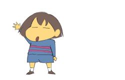  1other 2019 2d ambiguous_gender arm_up blue_shorts blue_sweater boots brown_boots brown_hair brown_shoes crayon_shin-chan digital_media frisk_(undertale) full_body highres horizontal-striped_clothes human negative_space open_mouth other_focus parody pink_stripes seki_(vcyr2733) shoes short_hair shorts simple_background socks solo standing striped_clothes striped_sweater style_parody sweater two-tone_sweater undertale usui_yoshito_(style) utdr_(toby_fox) white_background white_socks 