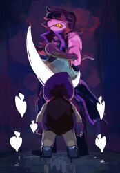  1boy 1girl 2019 2d aiming anthro armlet axe black_armlet black_boots black_jacket boots colored_sclera colored_skin creature dark_background deltarune digital_media duo female height_difference holding holding_axe holding_weapon jacket lancer_(deltarune) lizard lizard_girl long_hair male monster monster_girl pants pink_hair pink_skin purple_pants reptile reptile_girl scalie seki_(vcyr2733) sharp_teeth simple_background sleeveless sleeveless_jacket slit_pupils spade_(shape) spiked_armlet susie_(dark_world)_(deltarune) susie_(deltarune) sweat teeth utdr_(toby_fox) weapon yellow_sclera yellow_teeth 