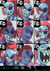  1girl 2018 2d anthro artist_name black_eyepatch black_tank_top blue_skin chart closed_eyes closed_mouth colored_sclera colored_skin copyright_name digital_media ear_fins expression_chart eyepatch female female_only fins fish fish_girl grey_background grin head_fins high_ponytail laughing long_hair monster monster_girl motion_blur multiple_expressions open_mouth pixel_art_inset ponytail portrait red_hair reference_inset seki_(vcyr2733) sharp_teeth simple_background slit_pupils smile solo tank_top teeth undertale undyne utdr_(toby_fox) yellow_sclera yellow_teeth 