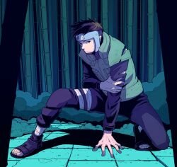  1boy bamboo bamboo_forest black_eyes black_pants black_shirt brown_hair closed_mouth flak_jacket forehead_protector forest highres holding_own_arm injury jacket konohagakure_symbol long_sleeves looking_at_viewer male_focus naruto_(series) naruto_shippuuden nature on_one_knee open-toe_boots pants sameccor shirt short_hair solo torn_clothes yamato_(naruto) 