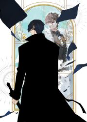  1boy absurdres black_coat black_hair censored censored_identity clenched_hand coat commentary_request falling_paper from_behind highres holding holding_sword holding_weapon kim_dokja male_focus mosaic_art omniscient_reader's_viewpoint open_clothes open_coat popped_collar sanjinmogufufu short_hair sword weapon yoo_joonghyuk 