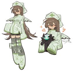  1girl angel_wings black_shorts black_thighhighs blush boots breasts brown_hair caretaker_(die_of_death) closed_mouth die_of_death dress fish_193 hashtag-only_commentary hat heart highres long_hair medium_breasts multiple_views nurse nurse_cap pursuer_(die_of_death) roblox shorts simple_background sleeves_past_fingers sleeves_past_wrists smile thigh-highs very_long_hair white_background white_boots white_dress wing_flapping wings 