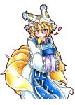  1girl absurdres aburaage blonde_hair blush breasts food fox_tail goku_(acoloredpencil) hands_in_sleeves hat heart highres long_sleeves mouth_hold multiple_tails short_hair slit_pupils solo tabard tail touhou traditional_media tsurime wide_sleeves yakumo_ran yellow_eyes 