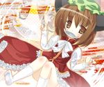  bad_id brown_hair cat_ears cat_tail chen china_dress chinadress chinese_clothes fish hat mouth_hold omiso omiso_(omiso) ribbon ribbons short_hair tail touhou 