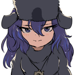  1girl black_hat black_sweater blue_eyes blue_hair blush close-up fins hair_between_eyes hat head_fins japari_symbol jewelry kemono_friends long_hair long_sleeves mcgunngu necklace sidelocks solo sperm_whale_(kemono_friends) sweater turtleneck turtleneck_sweater ushanka whale_girl 