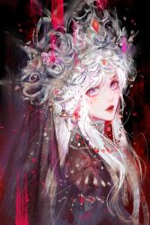  1girl absurdres beads behind_prayers_(infinity_nikki) black_background black_capelet black_dress black_veil bow bright_pupils capelet chinese_commentary choker circlet commentary_request cross-shaped_pupils crown dress earrings expressionless eyelashes eyeshadow gem gold_choker grey_eyes highres infinity_nikki jewelry lace-trimmed_choker lace_trim light_particles lipstick long_hair long_sidelocks makeup nikki_(series) official_alternate_color parted_lips petals procreate_(medium) red_bow red_eyeshadow red_gemstone red_lips red_pupils rose_petals sidelocks solo symbol-shaped_pupils two-tone_background upper_body veil wavy_hair white_bairen white_hair 