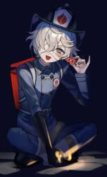  1boy 37mimi_aim :d bandage_over_one_eye black_gloves black_hat blonde_hair blue_coat coat commentary_request elbow_gloves fangs fire firefighter_helmet firefighter_jacket florian_brand full_body gloves grey_eyes hat head_tilt highres holding_matchstick identity_v indian_style jacket looking_at_viewer male_focus matchbox matches single_glove sitting smile solo wavy_hair 