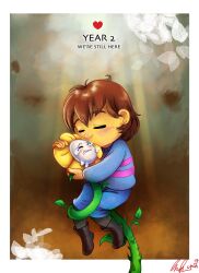  1boy 1other 2017 2d ambiguous_gender anniversary artist_name black_boots black_pantyhose blue_shorts blue_sweater blurry blurry_background boots border brown_hair c-puff child closed_eyes crying digital_media double_horizontal_stripe duo flower flowey_(undertale) frisk_(undertale) heart horizontal-striped_clothes hug human kiss male pantyhose pink_stripes plant short_hair shorts signature striped_clothes striped_sweater sweater tears two-tone_sweater undertale utdr_(toby_fox) white_border yellow_flower 