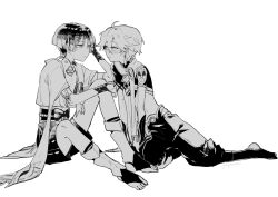  2boys aether_(genshin_impact) ahoge arm_armor armor baggy_pants belt blunt_ends blush boots bow braid bridal_gauntlets clenched_hand closed_mouth earrings full_body genshin_impact gloves greyscale hair_between_eyes half-closed_eyes han'eri hand_on_own_head hand_up highres jewelry leaf leg_warmers long_hair looking_at_another low-braided_long_hair low-tied_long_hair male_focus mandarin_collar midriff monochrome multiple_boys navel no_headwear open_clothes open_vest pants pom_pom_(clothes) ring sandals scaramouche_(genshin_impact) scarf shirt short_hair short_sleeves shoulder_armor shy simple_background single_braid single_earring sitting sleeveless sleeveless_shirt socks star_(symbol) vest wanderer_(genshin_impact) wavy_mouth yaginori 