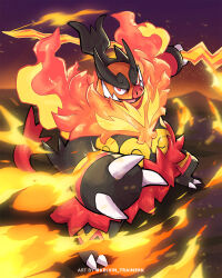  black_fur boar claws colored_skin emboar fangs fire flaming_weapon highres holding holding_staff kelvin-trainerk looking_at_viewer mega_emboar mega_pokemon no_humans open_mouth orange_fur pokemon pokemon_(creature) pokemon_focus pokemon_legends:_z-a red_eyes sharp_teeth smile staff teeth tusks weapon 