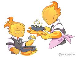  1boy 2018 2d apron artist_name black_necktie black_vest chibi chibi_only cooking cropped_torso digital_media elemental_(creature) fire_elemental flaming_head french_fries frying_pan glasses grillby humanoid magic male male_focus male_only monster monster_boy multiple_views mundane_utility necktie no_mouth orange_skin pepper pink_apron pyrokinesis simple_background solo undertale uniform utdr_(toby_fox) vest white_background zwagyzonk 