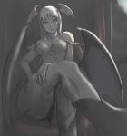  bat_wings capcom demon_girl elbow_gloves face gloves green_eyes green_hair head_wings headwings highres long_hair morrigan_aensland pantyhose sitting succubus tea_(artist) vampire_(game) wings 