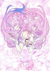  2girls absurdres aqua_hair breasts chinese_commentary commentary_request company_connection corset crystal_flower crystal_shards cyrene_(honkai:_star_rail) cyrene_(ripples_of_past_reverie)_(honkai:_star_rail) diamond-shaped_pupils diamond_(shape) dress earrings elf elysia_(herrscher_of_human:_ego)_(honkai_impact) elysia_(honkai_impact) flower gloves hair_flower hair_ornament highres honkai:_star_rail honkai_(series) honkai_impact_3rd inoue_marina jewelry long_hair medium_breasts multicolored_hair multiple_girls pink_hair pointy_ears quill rugu590401 smile symbol-shaped_pupils trait_connection triquetra two-tone_hair very_long_hair violet_eyes voice_actor_connection white_corset white_dress white_gloves white_hair yanning 