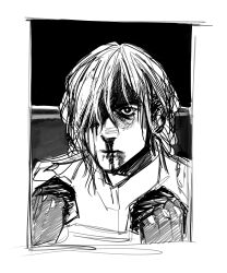  1boy absurdres blood commission commissioner_upload greyscale hair_between_eyes highres kenneth_del_duca long_hair looking_at_viewer male_focus monochrome non-web_source nosebleed original poster_parody raging_bull russo-ukrainian_war serious sketch solo upper_body veli 