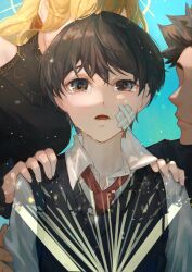  1boy 2others absurdres bandage_on_face bandages black_dress black_vest book collared_shirt commentary_request crying crying_with_eyes_open dress eye_reflection hand_on_another's_shoulder highres kim_dokja lee_hyunsung light_particles looking_at_viewer multiple_others necktie oldest_dream omniscient_reader's_viewpoint open_book open_mouth out_of_frame red_necktie reflection sanjinmogufufu shirt tears upper_body uriel_(omniscient_reader's_viewpoint) vest white_shirt wide-eyed 