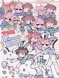  3boys alligator alternate_costume animal_ears animalization animification black_eyes blue_hoodie brown_hair commentary crocodilian easter easter_egg edd_(eddsworld) eddsworld egg fake_animal_ears gloves green_eyes green_hoodie hood hoodie lined_paper long_sleeves matt_(eddsworld) multiple_boys multiple_views orange_hair overalls person_and_animalization purple_hoodie rabbit rabbit_ears shirt shoes short_hair short_sleeves sketch sn_se_u_uwu spiky_hair striped_clothes striped_shirt symbol-only_commentary tom_(eddsworld) translation_request violet_eyes white_gloves white_overalls 