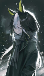  1girl animal_ears black_hair black_jacket closed_mouth dream_journey_(umamusume) glasses grey_scarf highres horse_ears horse_girl jacket long_hair multicolored_hair scarf seikatsu snowing solo two-tone_hair umamusume upper_body white_hair 