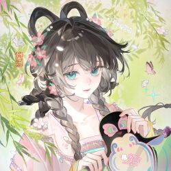  1girl absurdres aqua_eyes blunt_bangs braid branch brown_hair bug butterfly chinese_clothes closed_mouth collarbone commission earrings eyelashes falling_petals fingernails flower flower_earrings gem guodong_buguoqiu hair_flower hair_intakes hair_ornament hanfu highres holding_kite jewelry kite leaf lips long_hair long_sleeves looking_at_viewer nail_polish original pearl_(gemstone) petals pink_butterfly pink_lips pink_nails sidelocks single_earring solo square upper_body watermark white_flower white_petals 