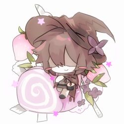  1boy azure_(forsaken) black_hair black_hat brown_cloak cake chibi cloak closed_mouth flower food forsaken_(roblox) fruit full_body grey_shirt hat hat_flower knife leaf pants purple_flower q622130598 roblox shaded_face shirt simple_background smile strawberry strawberry_swiss_roll swiss_roll white_background white_pants 