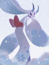 blue_eyes commentary_request froslass highres horns ice ice_horns koso2023 looking_at_viewer mega_froslass mega_pokemon no_humans pokemon pokemon_(creature) pokemon_focus pokemon_legends:_z-a sash snowing solo